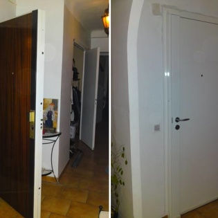 Porte blindée enveloppée avec serrure Bricard, peintures Epoxy blanc et stratifié faux bois pour adaptation à la copropriété